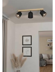 Foco 3 luces madera marrón acero negro - Eglo Cotorro 2