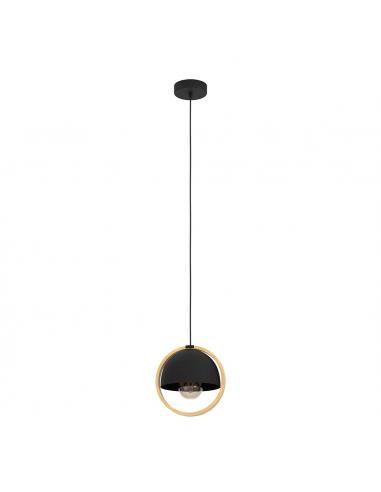 Black steel hanging lamp wooden circle - EGLO Callow