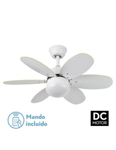 Ventilador Dc Alves 2xe27 Blanco Con 6 Aspas Rev. Blanco/haya 41x85d  C/ Remoto Y Temporizador