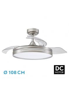 Ventilador Dc 72w Micenas Niquel 3asp.transp.108d 6velocidades 7200lm 3colores Remoto,reg.intensidad,memoria Y Temporizador 24