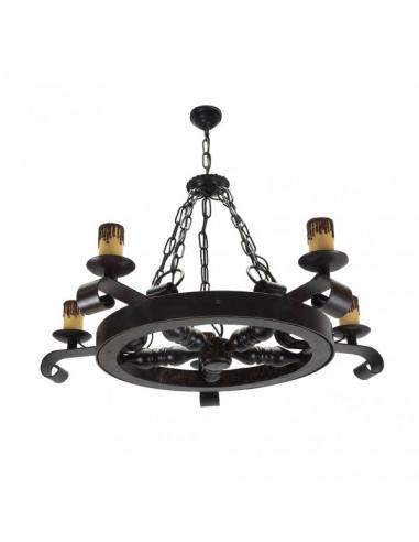 Lampara Rustico Rueda 5xe27 Marron Regx68x68 Cm