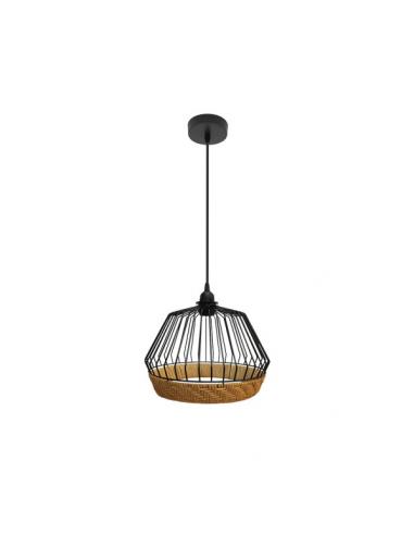 Hugo 1xe27 Black/natural Pendant Regx25x25cm C/metal And Rattan